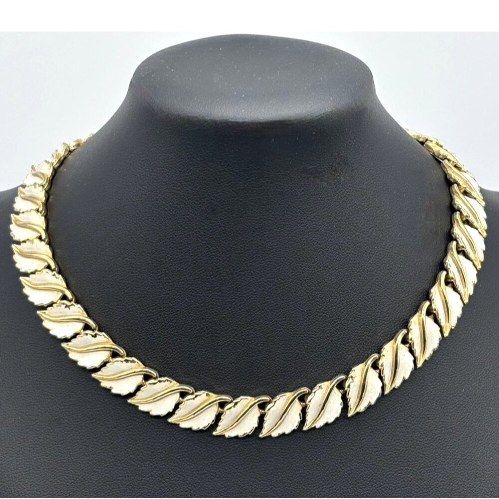 Vintage Trifari Gold Tone & White Enamel Botanical Motif Leaf Necklace 1950s/60s